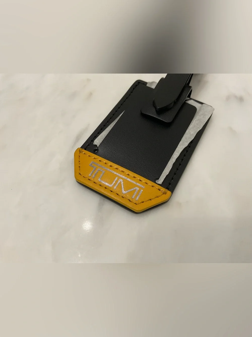 NEW Tumi ALPHA Leather Luggage Name Tag Buckle - BLACK w/ MUSTARD YELLOW